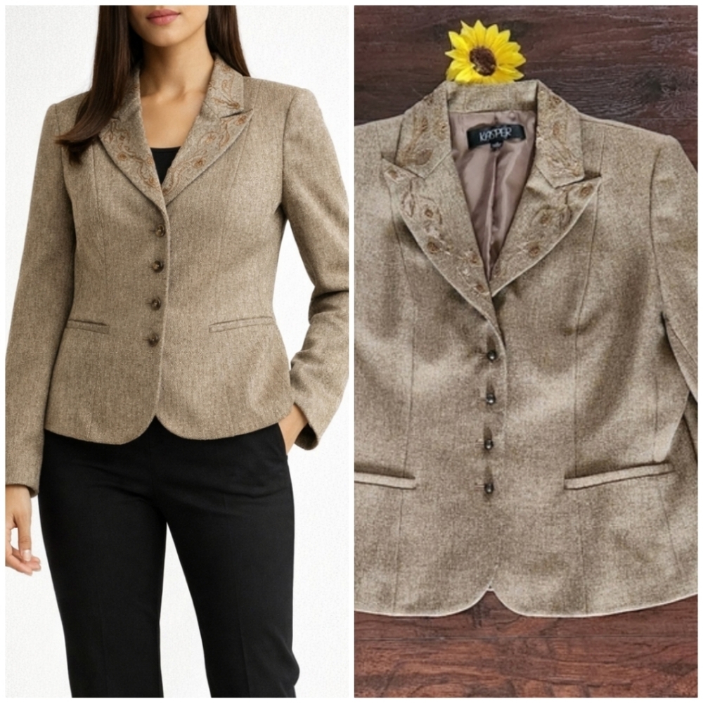 Vintage Kasper Women's Taupe Embroidered Collar Tweed Blazer